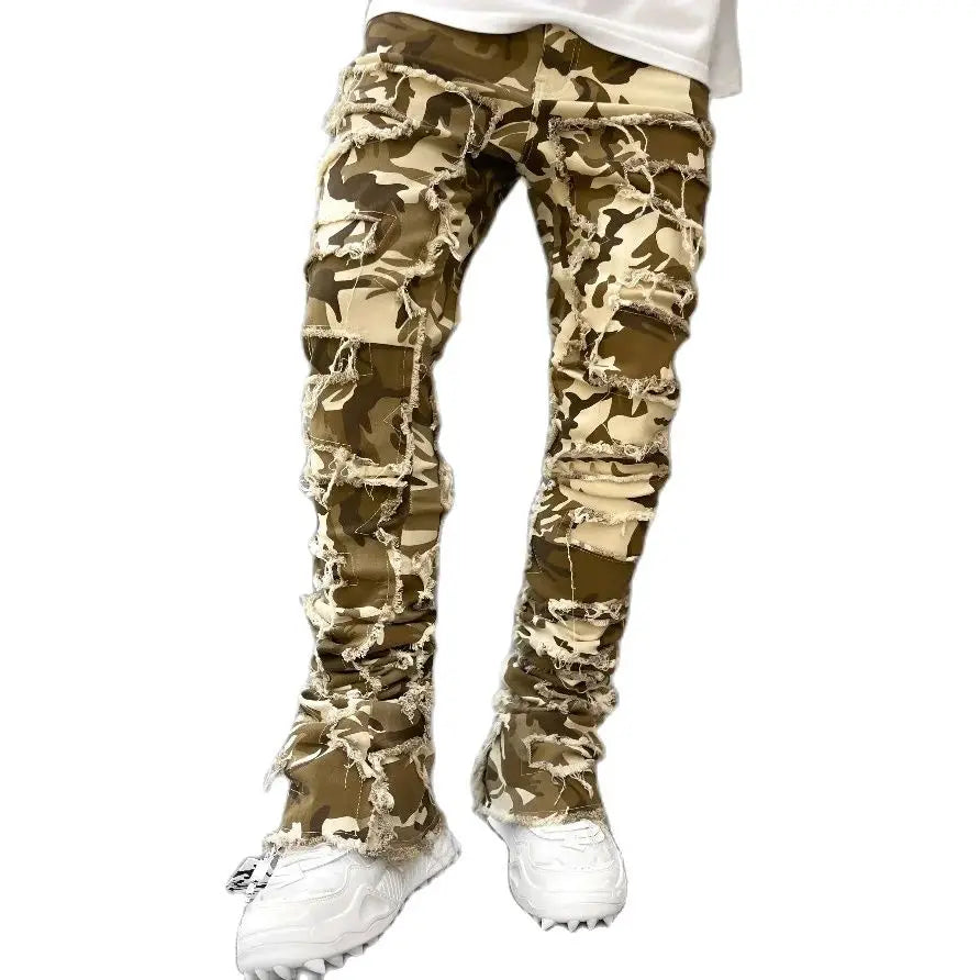 New Fashion Stretch Jeans Man Stacked Jeans Elastic Waist Straight Fit Patchworks Denim Long Pants Fringe Ripped Jeans For Men