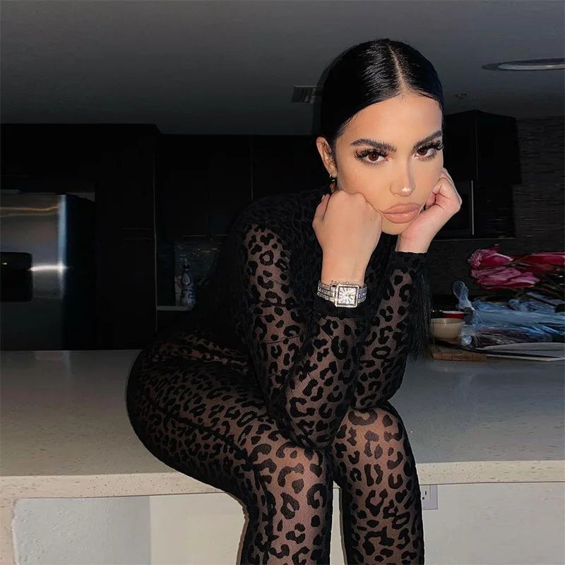 Women's jumpsuit sexy midnight club animal instinct mesh tight stockings leopard print transparent velvet long sleeved jumpsuit
