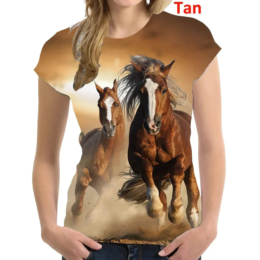 Fashion 3D Printing T Shirt Animal horse Women Funny Short Sleeved Tees Women Tops Pullover Tee