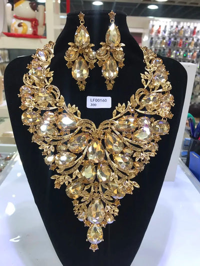 Women Luxury Necklaces Set Wedding Delicate Fashion Jewelery Set Crystal Rhinestone Earrings Jewelry Sets