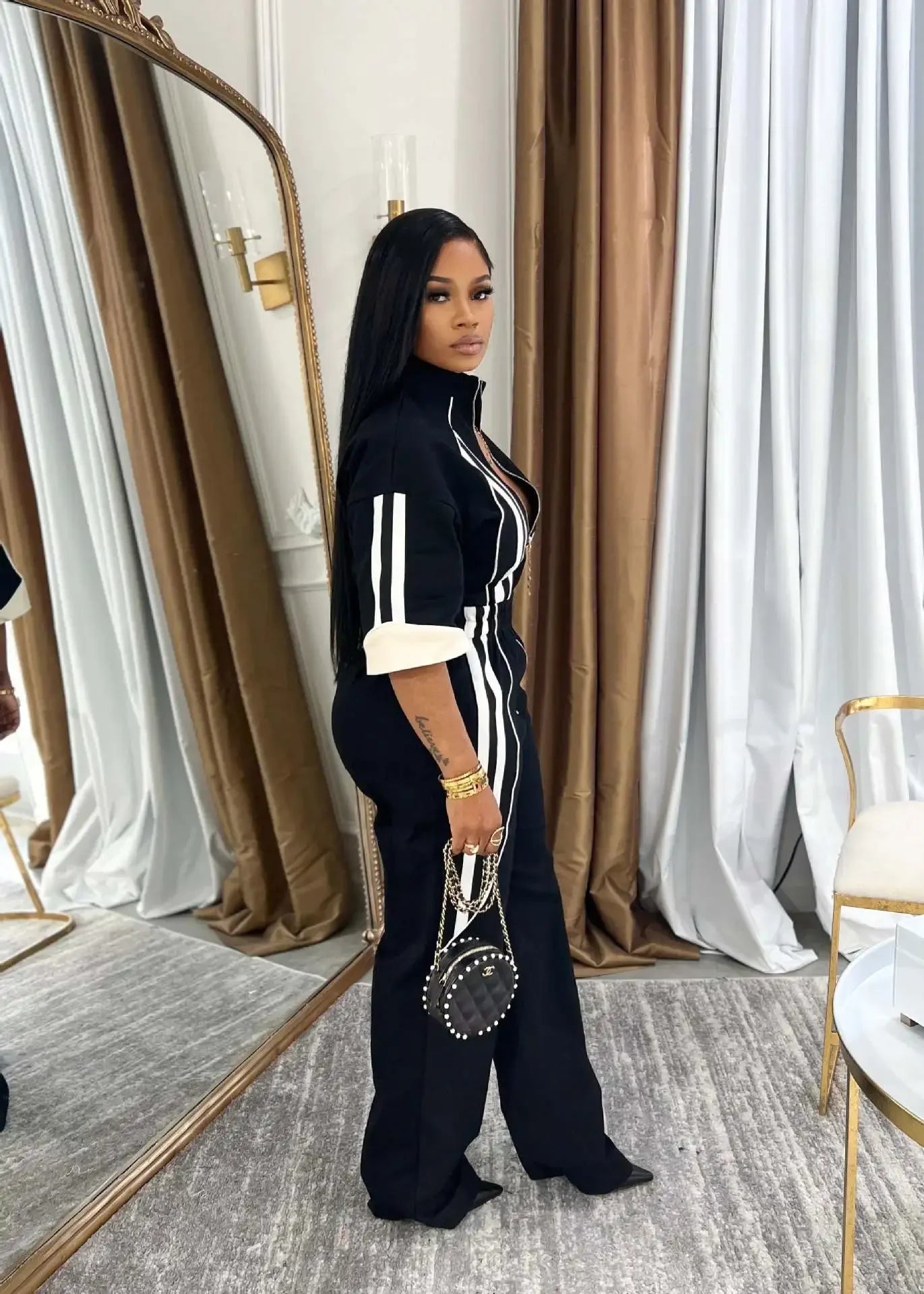 Women Jumpsuits For Spring 3/4 Sleeve Print Stripe Loose Fashion Streetwear Overalls Wide Leg Pants Trousers 2025 Summer