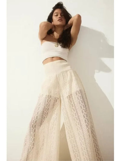 TRAF Women Lace Trousers Embroidery Hollow Out Simple Women's Pants Elastic Waist Loose Pants Female Wide Leg Pants