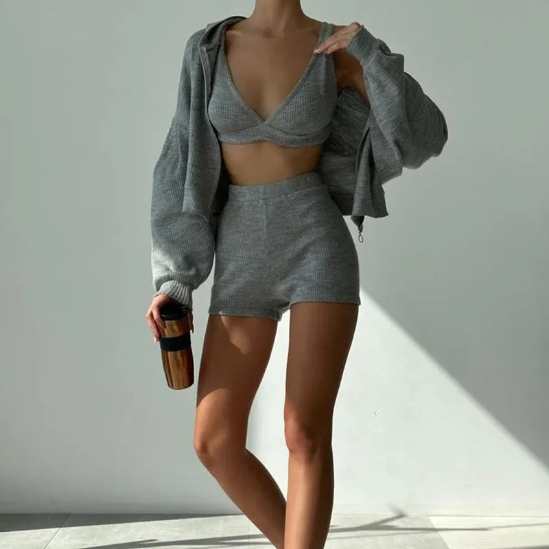 Solid Sport 3 Piece Set Crop Vest Hoodie Tracksuit Women Casual Sweatshirt Coat Mini Short Matching Set Sportswear 3 PCS Outfit