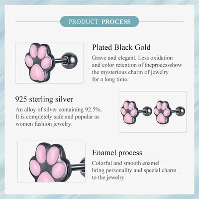 WOSTU Real 925 Sterling Silver Cat Ear Hoop Earrings For Women Lovely Pink Cute Pet Paw Studs Clips Girl Unique Jewelry Gift