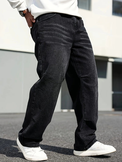 Men's Classic Straight-Leg Jeans - Cotton Blend, Dark Blue Denim, Non-Stretch, All-Season Wear, Comfort Fit with Slant Pockets