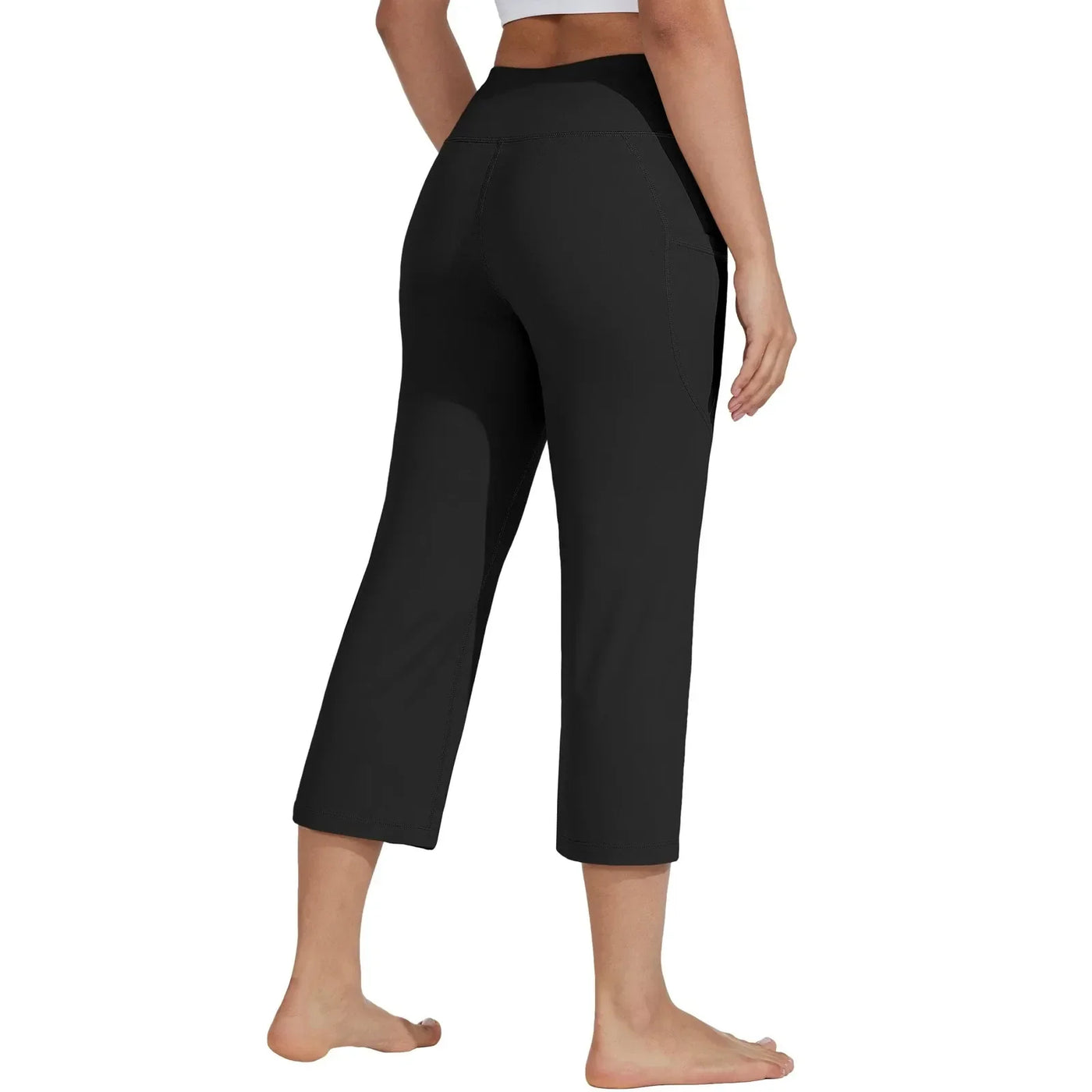 Women  Elastic High Waist 3/4 Pant Casual Active  Fit Wide Capris Leg Pants Trousers With Pockets Pants Woman брюки женские