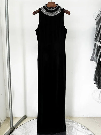 HIGH STREET Newest Fashion 2025 Designer Party Vestido Women's Diamonds Beading Sleeveless Sexy Backless Velvet Long Maxi Dress