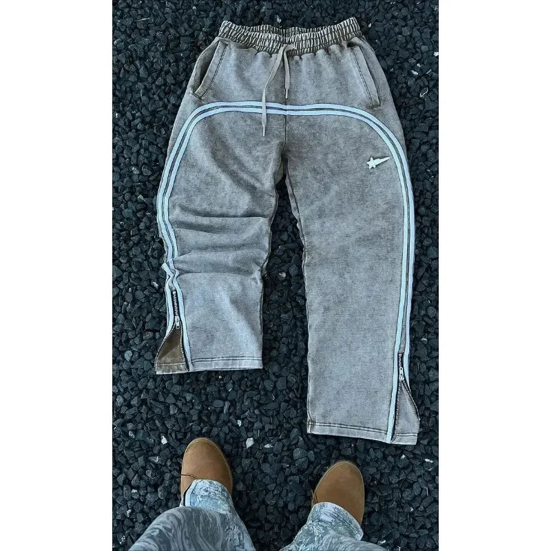 Y2K Cargo Pants Harajuku Double Stripes Zipper Embroidered Waist Retro Streetwear High waisted Wide Leg Pants Men Women Trousers