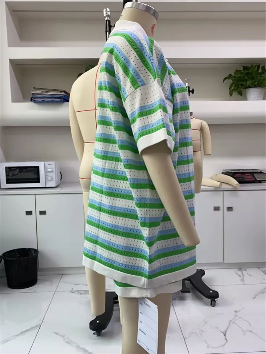 Women Pajamas Set 2 Pieces Loungewear Suits Summer Striped Contrast Color Button Crochet Knit Tops and Shorts Lounge Sets Beach
