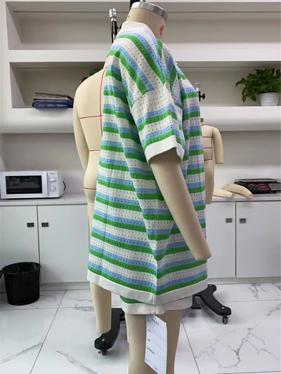 Women Pajamas Set 2 Pieces Loungewear Suits Summer Striped Contrast Color Button Crochet Knit Tops and Shorts Lounge Sets Beach