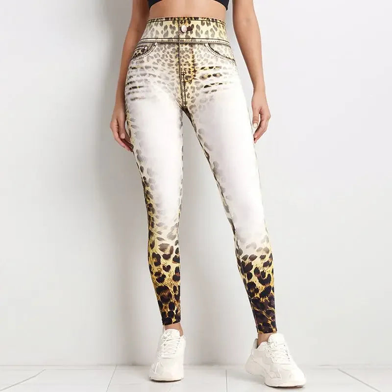 Leopard Print Yoga Pants Seamless Bleaching Print High Waist Peach Buttock Fitness Sports Trousers Breathable