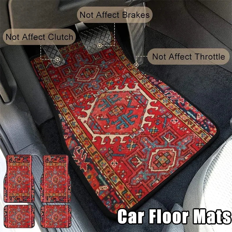 4 Pcs Car Floor Mats Bohemian Pattern European Ethnic Auto Rubber Carpet Universal Interior Accessories for Front and Rear Seats