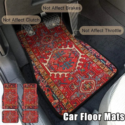 4 Pcs Car Floor Mats Bohemian Pattern European Ethnic Auto Rubber Carpet Universal Interior Accessories for Front and Rear Seats