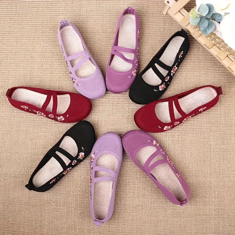 women's shoes Slip-on Flat Embroidered Shoes, Soft Sole Elastic Mom Shoes - women's summer shoes free shippiing shoes