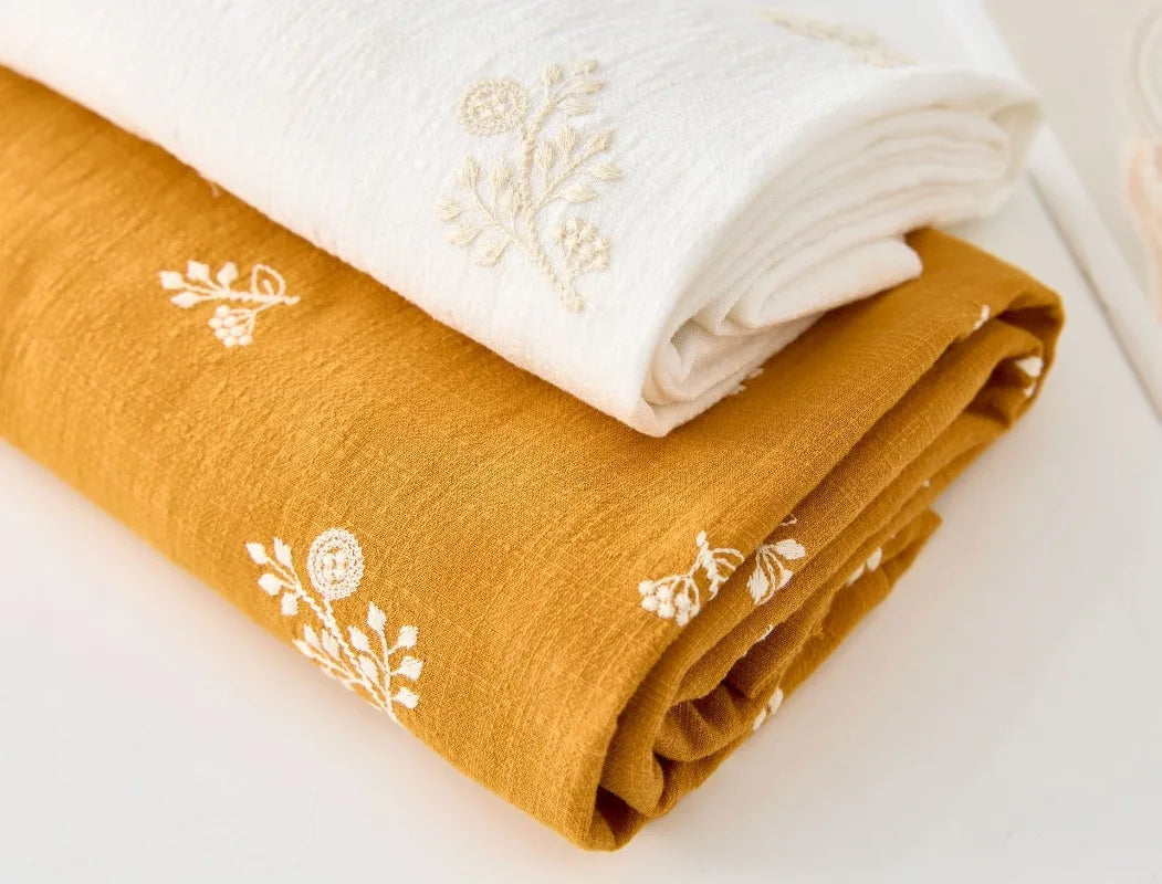 140x50cm Embroidered Slub Cotton Linen Fabric Clothing Sewing Fabric, Diy Women's Dress Forest Flower Cloth