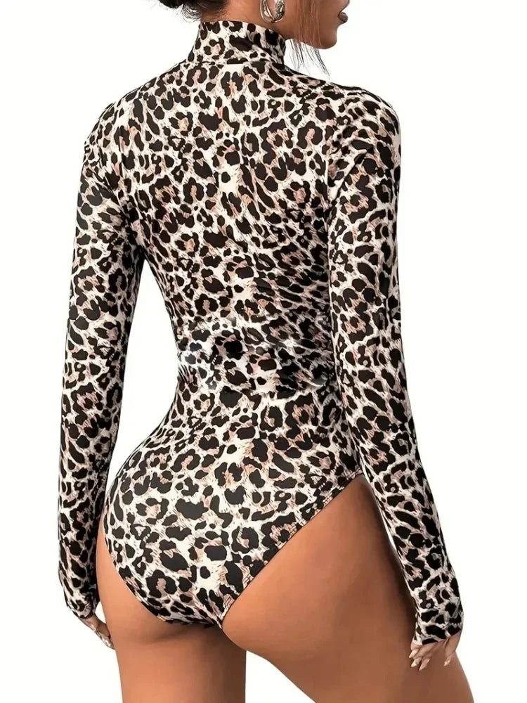 Women's Vintage Mesh Leopard Print Long Sleeve High Waist One-piece Swimsuit Summer Role Play 2025 New Beach Bikini Bodysuit