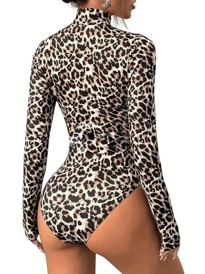 Women's Vintage Mesh Leopard Print Long Sleeve High Waist One-piece Swimsuit Summer Role Play 2025 New Beach Bikini Bodysuit