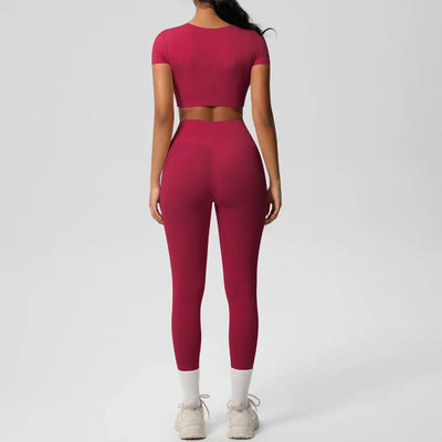 Yoga Set 2 Pieces Women Tracksuits Workout Sportswear Gym Clothing Fitness Short Sleeve With Padded High Waist Leggings Suits