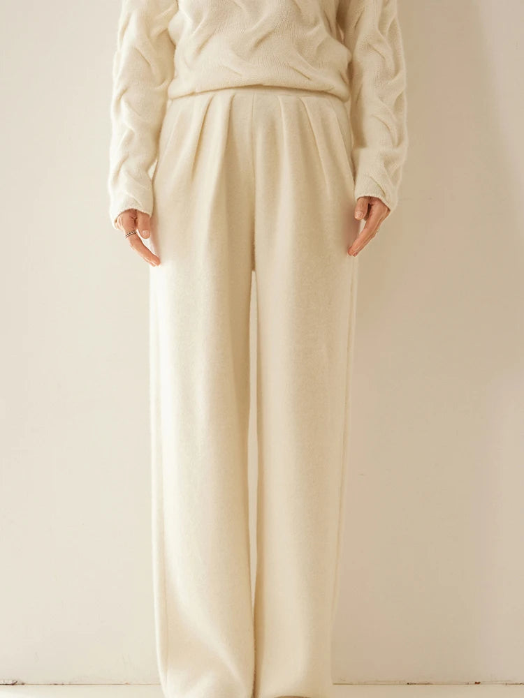 ADDONEE Women 100% Cashmere Pants Pleated Waist Wide Leg Pants Casual Simple Style Autumn Winter Cashmere Knit Trousers Luxury