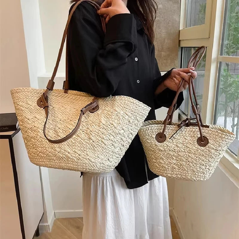 Designer Bohemian Chic Shoulder Bag,Solid Color Large Capacity Straw Woven Tote Bag,Nature-Inspired Beach Vacation Women Handbag