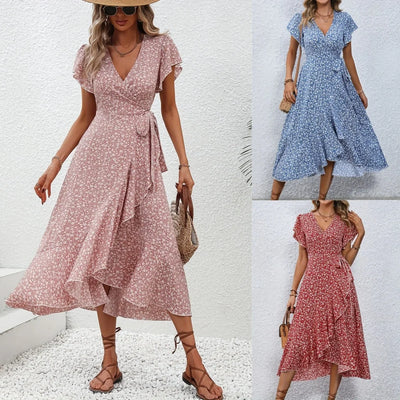 Summer Dresses for Women Sexy V Neck Short Sleeve Irregular High Waist Lace-up Flower Print Dress Casual Beach Dresses
