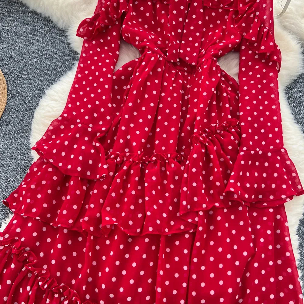 Dot Dress Women Long Dresses Print Chiffon Lace Up Flare Sleeve A Line Vestidos Streetwear Elegant Splice Y2k High Waist Party