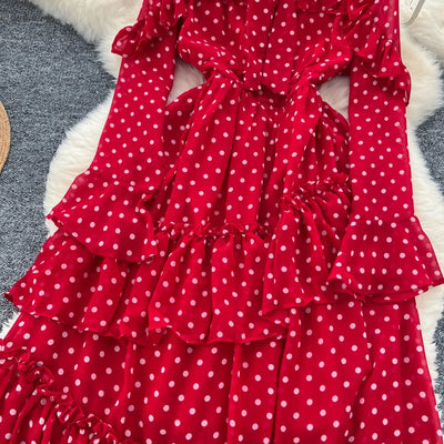 Dot Dress Women Long Dresses Print Chiffon Lace Up Flare Sleeve A Line Vestidos Streetwear Elegant Splice Y2k High Waist Party