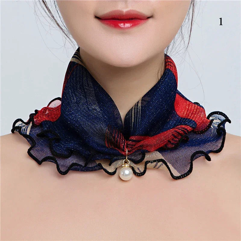 Women Ruffle Lace Scarf Pearl Pendant Chiffon Scarves Shiny Headscarf Thin High Elasticity Neck Wrap Organza Neck Collar Scarf