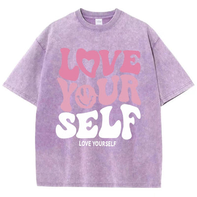Women'S Cotton Washed T-Shirts Trend Distressed Loose Tees Love Your Self Letter Printing Short Sleeve Summer Female Clothes