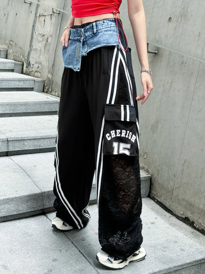 Wide Leg Pants Women Floor Length Patchwork Lace Denim Stripe Print High Waist Multiple Pockets 2025 Streetwear Cargo Trousers