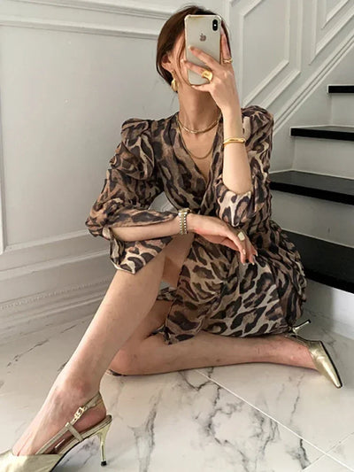New Fashion Leopard Print Casual Dresses for Women Sexy V-Neck Chicly Lace-Up Slim Waist Basic Long Sleeve Simple Female Dresses