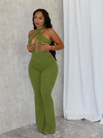 Joskaa Knitted Halter Backless Jumpsuit Women Sexy Deep V-Neck Bow Sleeveless Skinny Overalls 2025 Fitness Sportswear Clubwear