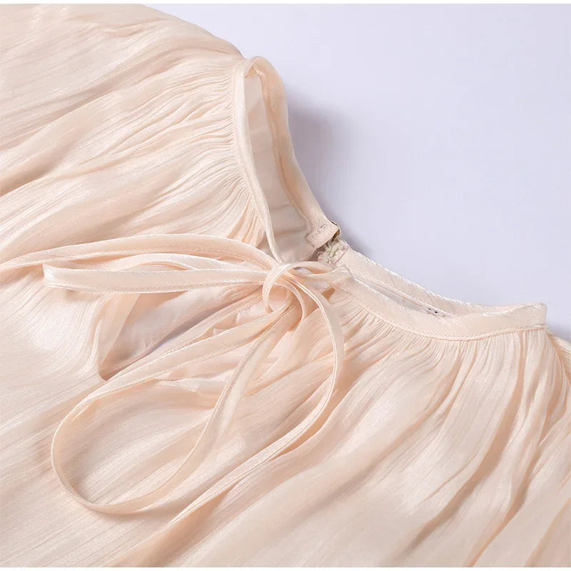 Ruffles Mini Dress Women Lace Up  V Neck Long Sleeve Pleated Female Dresses 2025 Elegant Summer Autumn Street Loose Ladies Robes