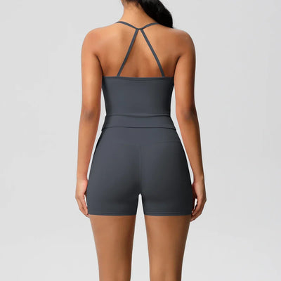 2PCS Sportswear With Pocketed Yoga Set Gym Clothes Yoga Suits For Women Tracksuits Sports Shorts Crossover Bra Gym Leggings