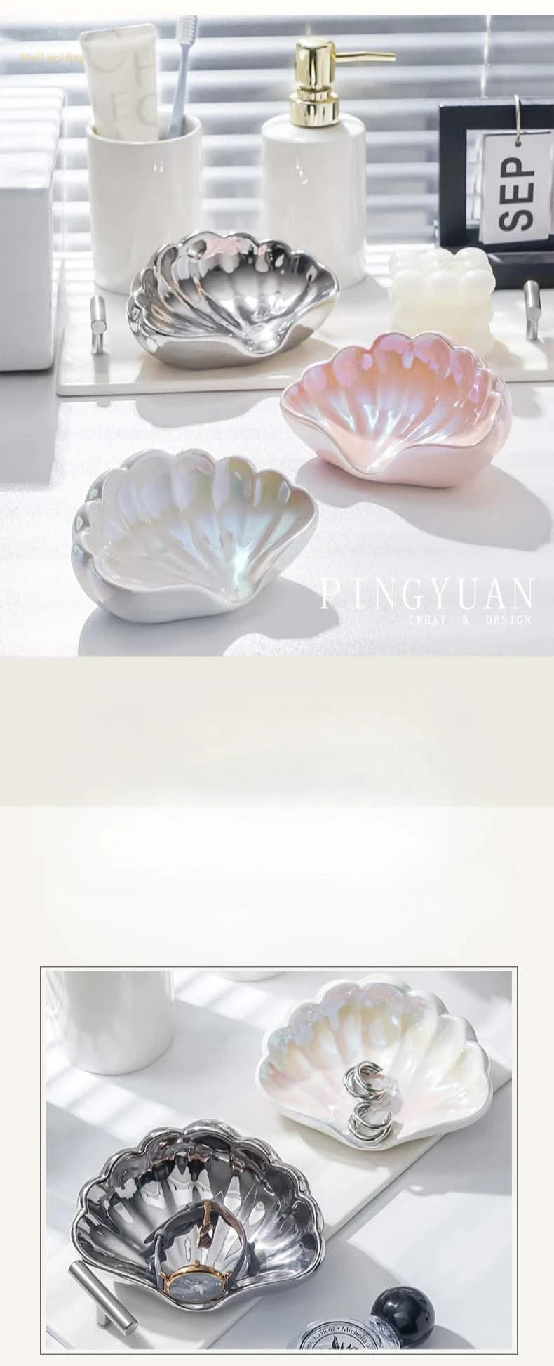 Luxury Shell Soap Dish, Ceramic Bathroom Soap Holder, Punch - Free Creative Soap Tray, Minimalist Vanity Decor