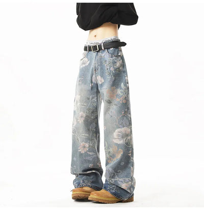 Printed denim jeans men American hip-hop High quality men women trendy retro floral print straight leg loose wide casual pants