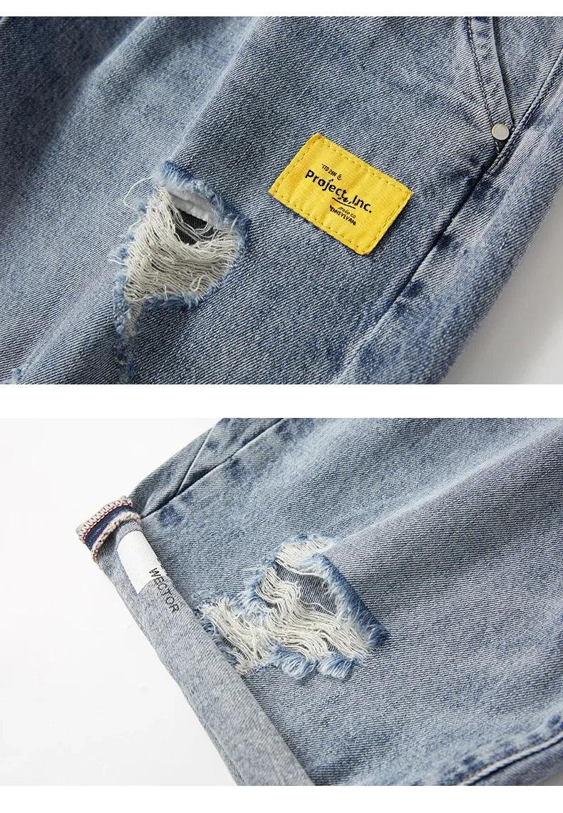 Summer Denim Shorts For Men Trendy Ripped Elastic Waist Loose Fit Casual Jeans 5 Minute Length Middle Pants