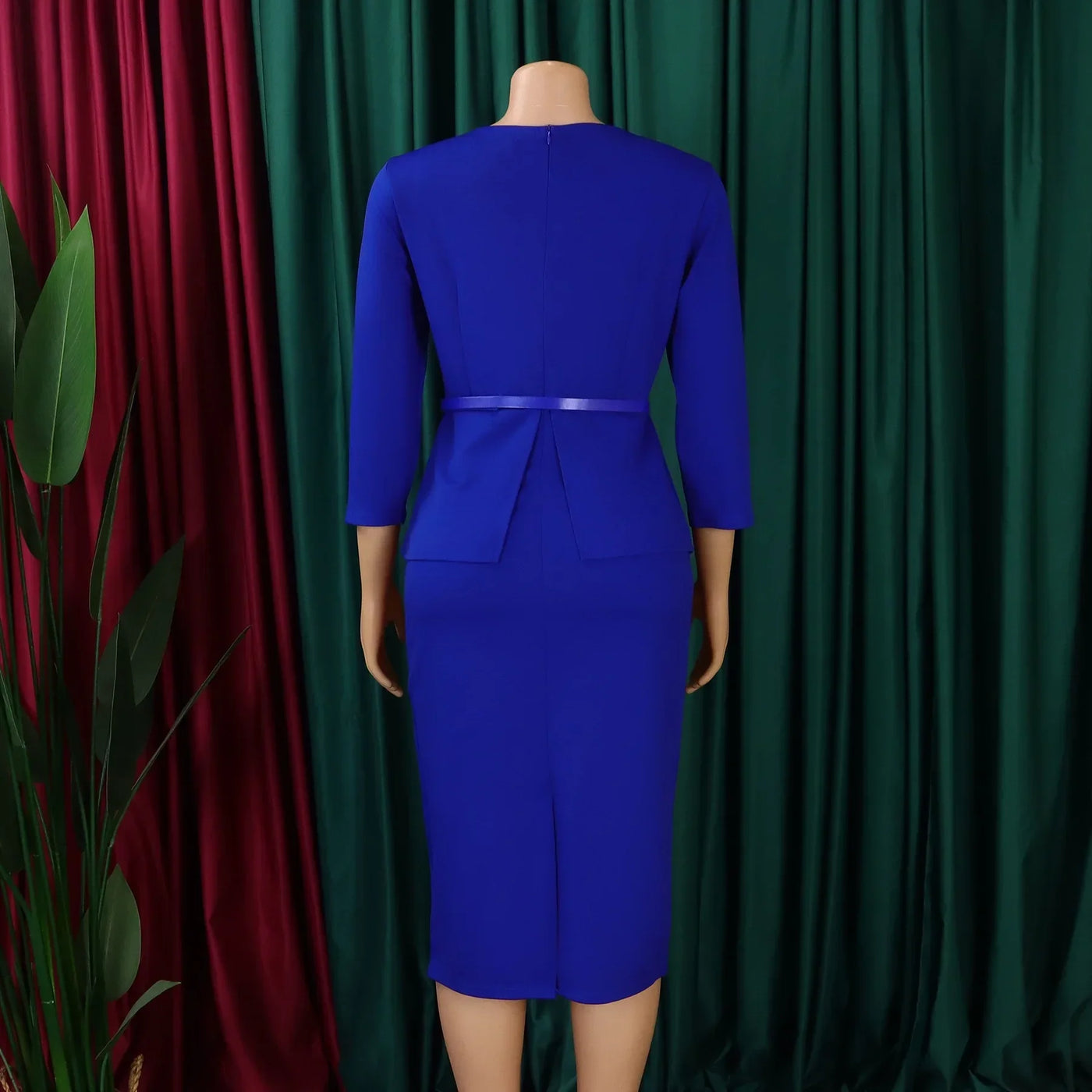 Dress Office Wear for Women Professional Skew Collar Three Quarter Sleeve Belt Waisted Sheath Package Hips Mid Calf Formal Dress