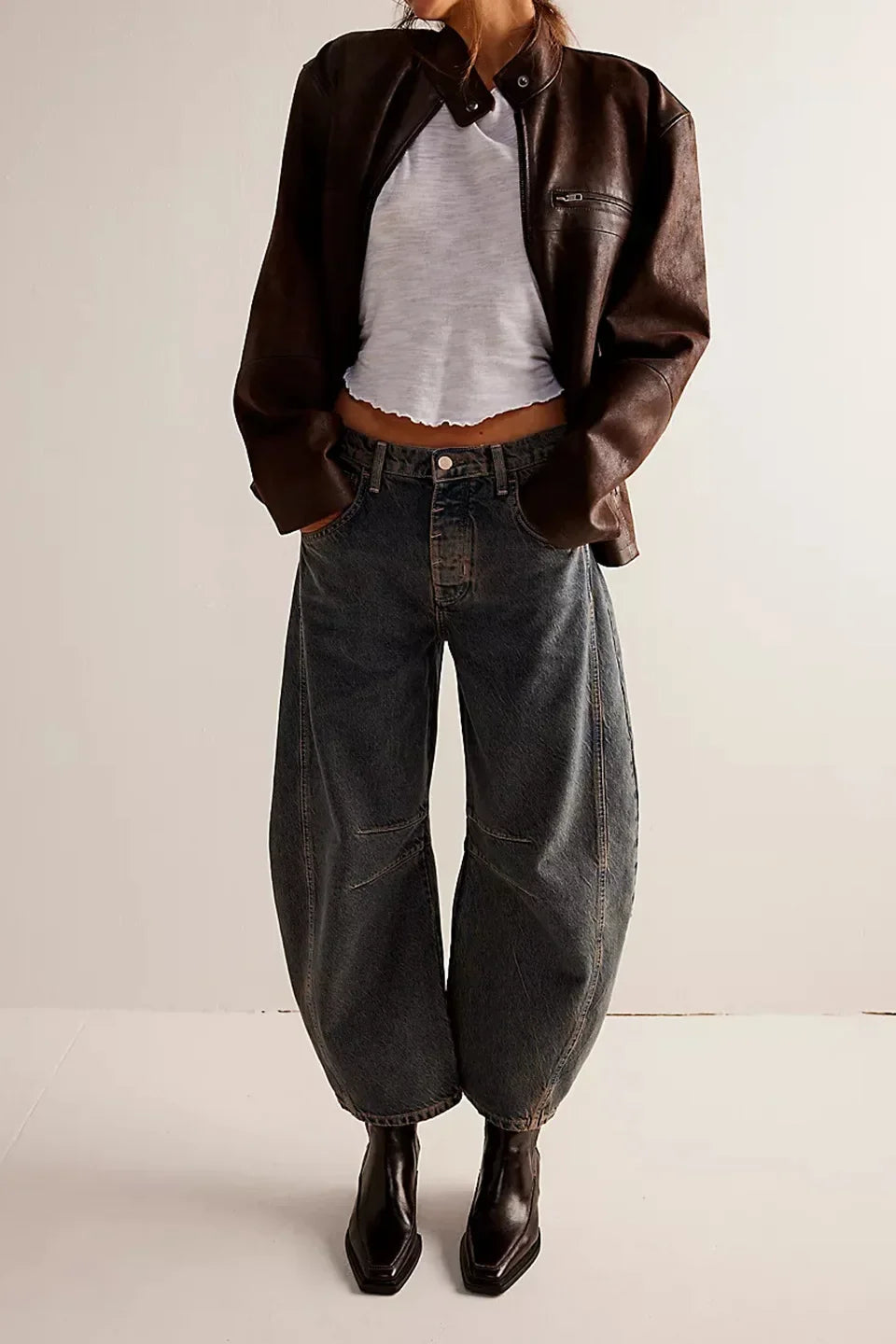 Midiross High Stretch Mid-Rise Barrel Jeans Fashion wide Leg Shape Women Casual Baggy Mid Waist Denim Jeans