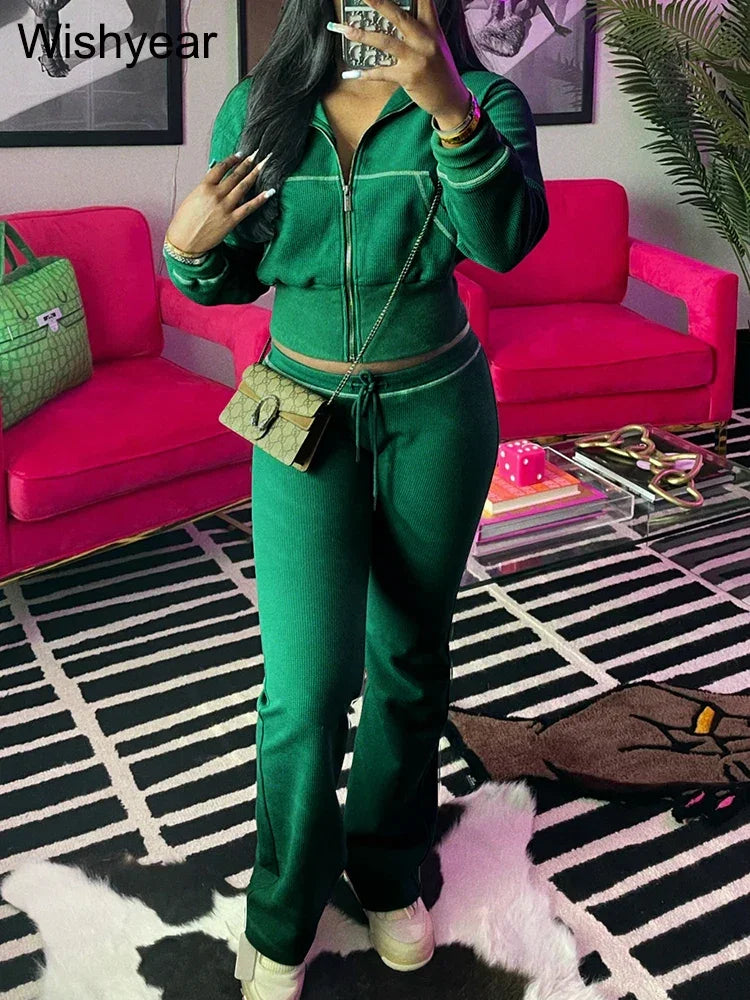 Tracksuits Women Sales Fall Winter Waffle Knit Two 2 Pieces Set Sweatshirts Jacket and Flared Pants Street Sports Workout Outfit