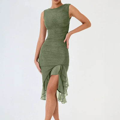 Wefads Women Maxi Dress Summer Elegant Solid Sleeveless Nipped Waist Slim Backless Ruffled Irregular Party Dresses Streetwear