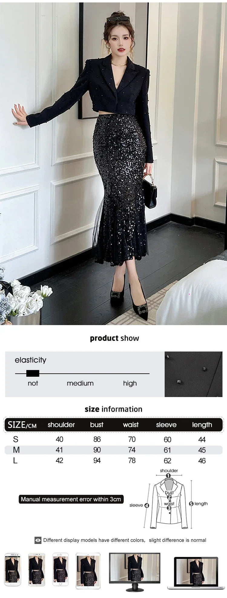 Fashion Chic Women's Blazer Office Lady Bright Black Long Sleeve Short Casual Party Coat Ladies Outerwear Stylish Cropped Tops