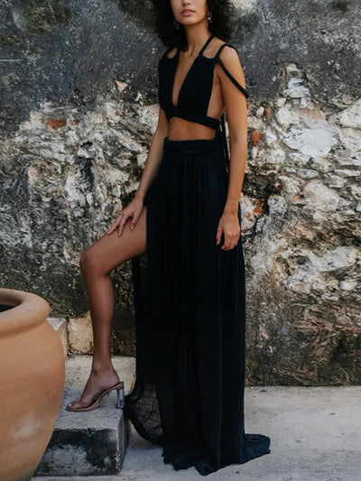 2025 Women Summer Loungewear Suits, Halter Short Top Maxi Skirts 2PCS Matching Sets, White Color Fashion Backless Ladies Outfit