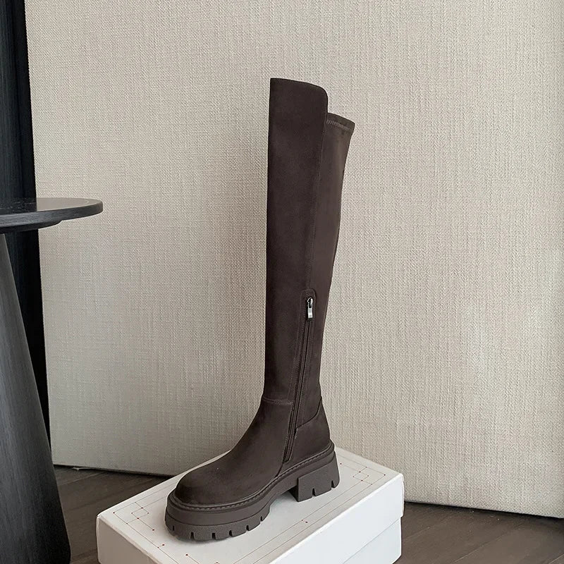 Fashion Platform Knee High Boots for Women Autumn Winter Fashion Slip on Leather Boots Woman Elastic Thick Soled Over Knee Botas