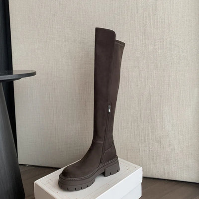Fashion Platform Knee High Boots for Women Autumn Winter Fashion Slip on Leather Boots Woman Elastic Thick Soled Over Knee Botas
