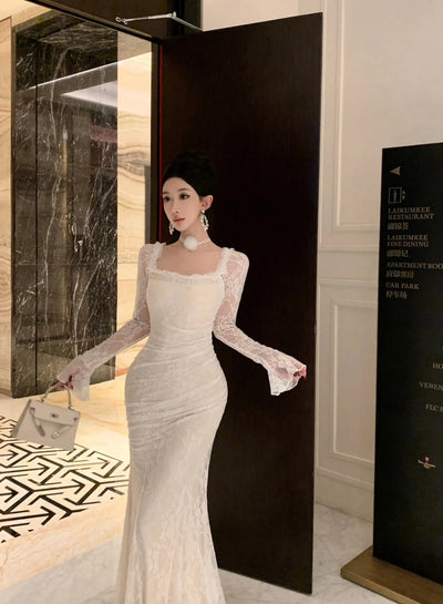 Women Korean Fashion Chic Luxury Evening Dress Autumn Winter White Lace Diamond Square Collar Dress 2025 Elegant Mermaid Dresses