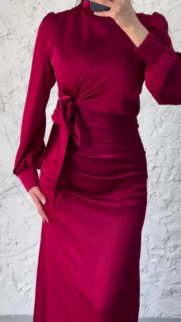 Dresses for Women 2024 Autumn Elegant Fashion Temperament Commuting Long Sleeves Round Neck Skinny Satin Party Evening Dress