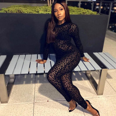Women's jumpsuit sexy midnight club animal instinct mesh tight stockings leopard print transparent velvet long sleeved jumpsuit
