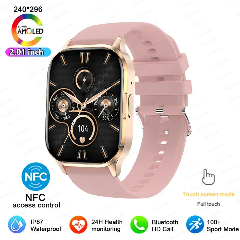 Women Smartwatch 2.01inch AMOLED Screen Bluetooth Call  NFC Sport Watch Blood Pressure Music Women Smart Watch for Huawei Xiaomi