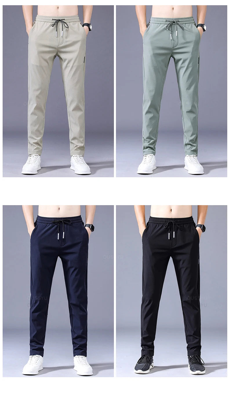 2025 Men's Trousers Spring Summer New Thin Green Solid Color Fashion Pocket Applique Full Length Casual Work Pants Pantalon